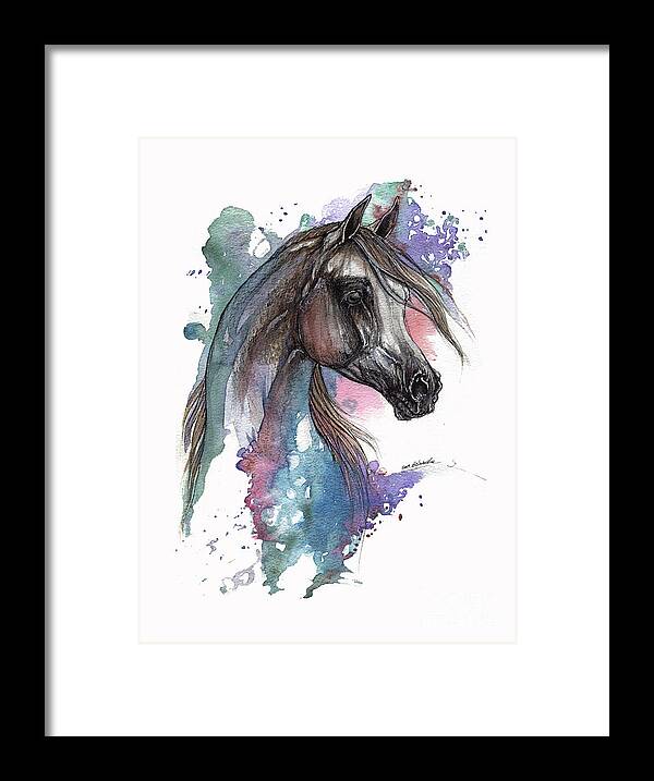 Horse Framed Print featuring the painting Arabian Horse On Blue And Pink Background by Ang El