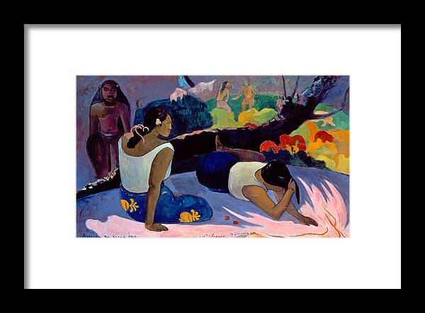 Paul Gauguin Framed Print featuring the painting Arearea No Varua Ino. Reclining Tahitian Women by Paul Gauguin