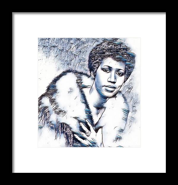 Aretha Franklin Portrait In Blue Framed Print featuring the drawing Aretha Franklin Portrait in Blue by Pd