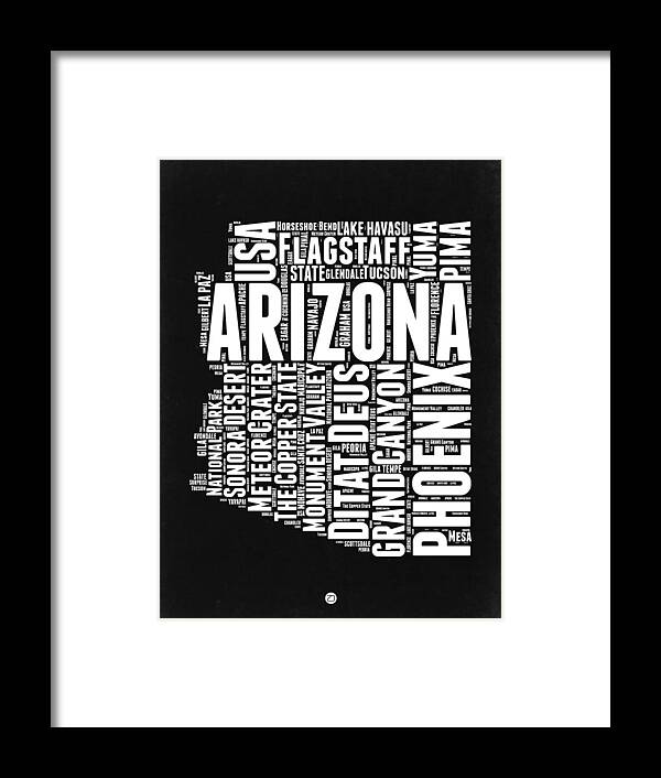  Framed Print featuring the digital art Arizona Black and White Word Cloud Map by Naxart Studio