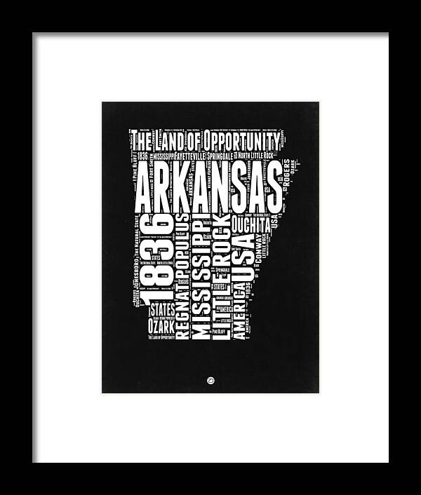 Arkansas Framed Print featuring the digital art Arkansas Black and White Map by Naxart Studio