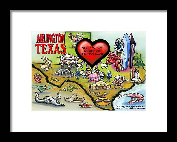 Arlington Framed Print featuring the digital art Arlington Texas Cartoon Map by Kevin Middleton