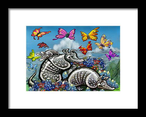 Armadillo Framed Print featuring the digital art Armadillos Bluebonnets and Butterflies by Kevin Middleton