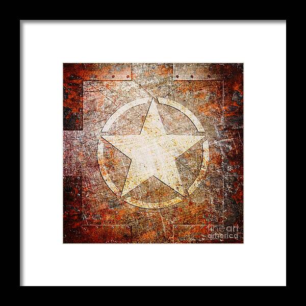 Army Framed Print featuring the digital art Army Star on Rust by Fred Ber