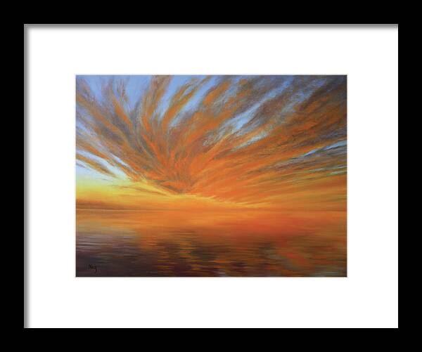 Sunset; Water; Reflection; Clouds; Spiritual; Atmospheric Framed Print featuring the painting Arrival by Marg Wolf