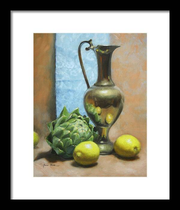 Still Life Framed Print featuring the painting Artichoke and Lemons by Anna Rose Bain