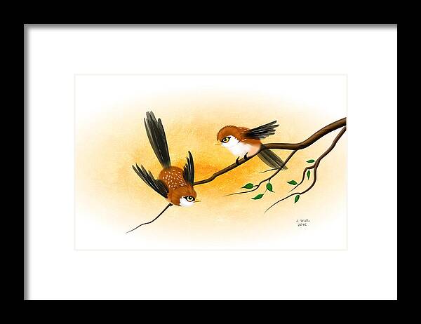 Asian Art Little Brown Sparrow Framed Print featuring the digital art Asian Art Two Little Sparrows by John Wills
