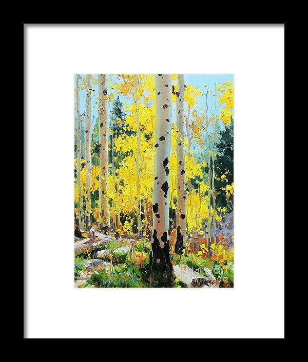 Oil Canvas Prints Contemporary Original Aspen Tree Landscape Painting Giclee Fine Art Print Paper Santa Fe Famous Architecture Magical Rocky Mountains Fine Art Prints Gary Kim New Mexico Framed Acrylic Metal Phone Cases Iphone Galaxy Greeting Cards Posters Originals Fall Aspen Panorama Aspen Grove Panorama Colors Sunset Panoramic Vistas Valley Fall Hiking Trails Colorado Forest Autumn Foliage Trunks National Forest Small Birch Trees Panorama Oil Painting Photo Sunset Fields Flowers Scene Metal Framed Print featuring the painting Aspens in Golden Light by Gary Kim