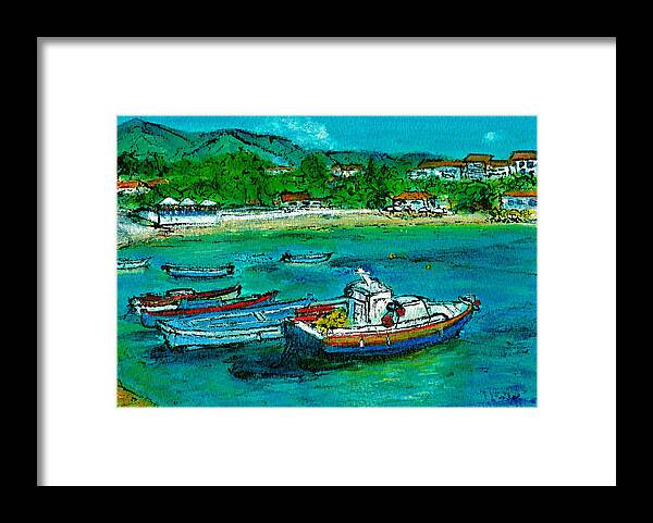 Greece Framed Print featuring the painting Assos Harbour Kefalonia by Jackie Sherwood