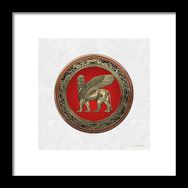 ‘treasures Of Mesopotamia’ Collection By Serge Averbukh Framed Print featuring the digital art Assyrian Winged Lion - Gold Lamassu over White Leather by Serge Averbukh
