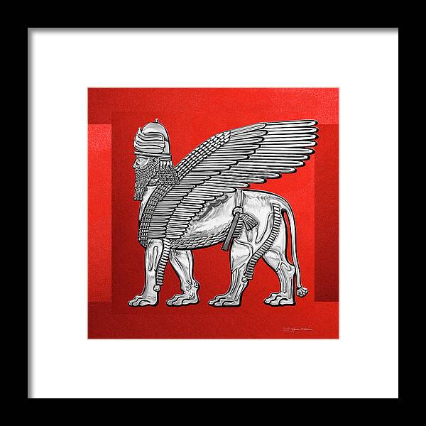 ‘treasures Of Mesopotamia’ Collection By Serge Averbukh Framed Print featuring the digital art Assyrian Winged Lion - Silver Lamassu over Red Canvas by Serge Averbukh
