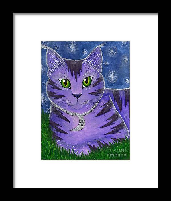 Astra Framed Print featuring the painting Astra Celestial Moon Cat by Carrie Hawks