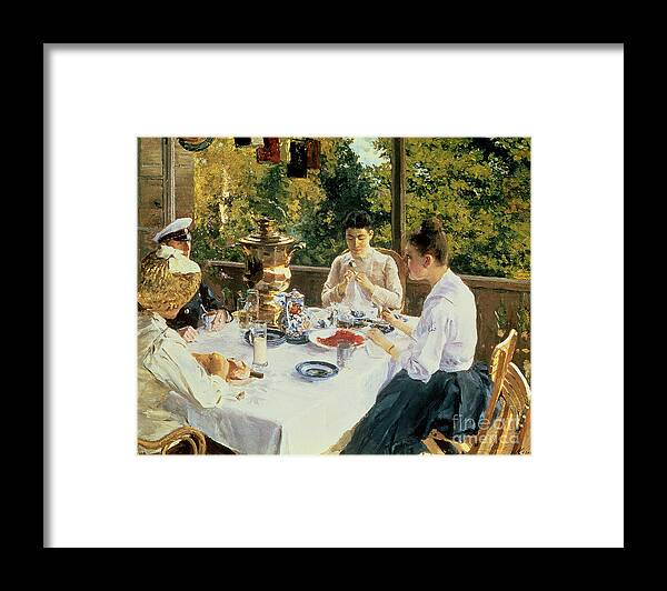 The Framed Print featuring the painting At the Tea-Table by Konstantin Alekseevich Korovin