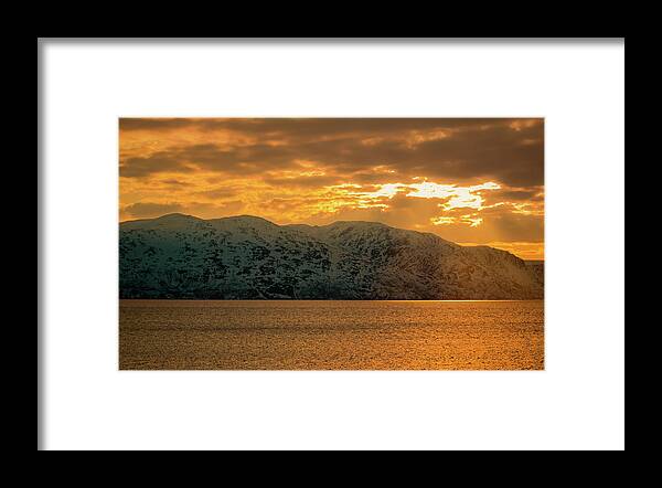 Landscape Framed Print featuring the photograph Altafjord Snowy Peaks at Sunset by Adam Rainoff