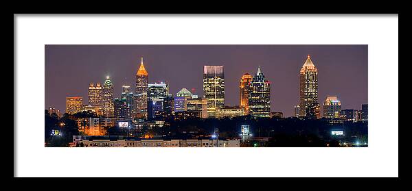 #faatoppicks Framed Print featuring the photograph Atlanta Skyline at Night Downtown Midtown Color Panorama by Jon Holiday