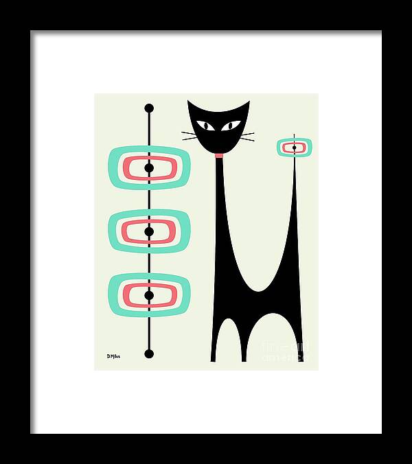 Mid Century Modern Framed Print featuring the digital art Atomic Cat Orbs Aqua and Pink on Cream by Donna Mibus