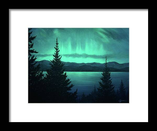 Aurora Framed Print featuring the painting Aurora Over Lake Pend Oreille by Lucy West