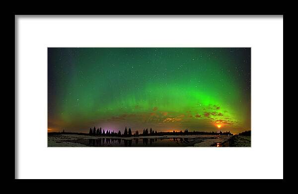 Aurora Borealis Framed Print featuring the photograph Aurora Over Pond Panorama by Dan Jurak