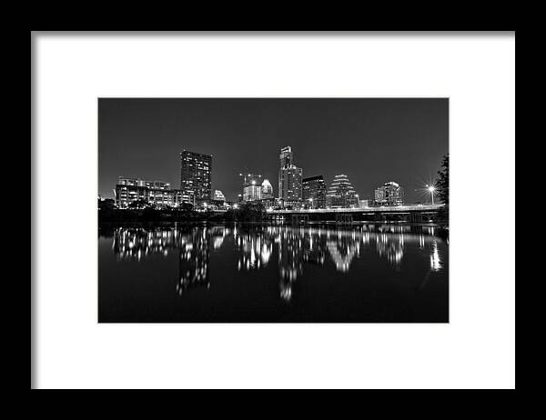 Austin Framed Print featuring the photograph Austin Skyline At Night Black and White by Todd Aaron