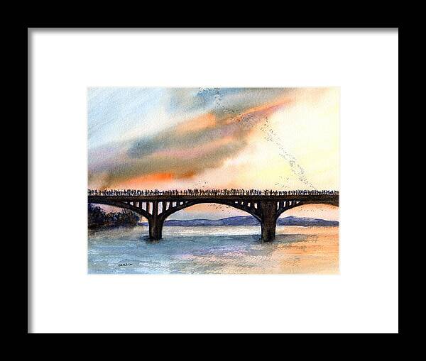 Austin Framed Print featuring the painting Austin, TX Congress Bridge Bats by Carlin Blahnik CarlinArtWatercolor