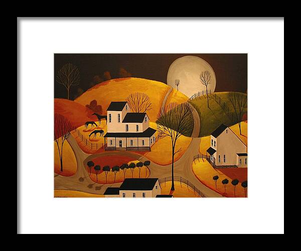 Folk Art Framed Print featuring the painting Autumn Evening Graze - a folkartmama original - folk art by Debbie Criswell