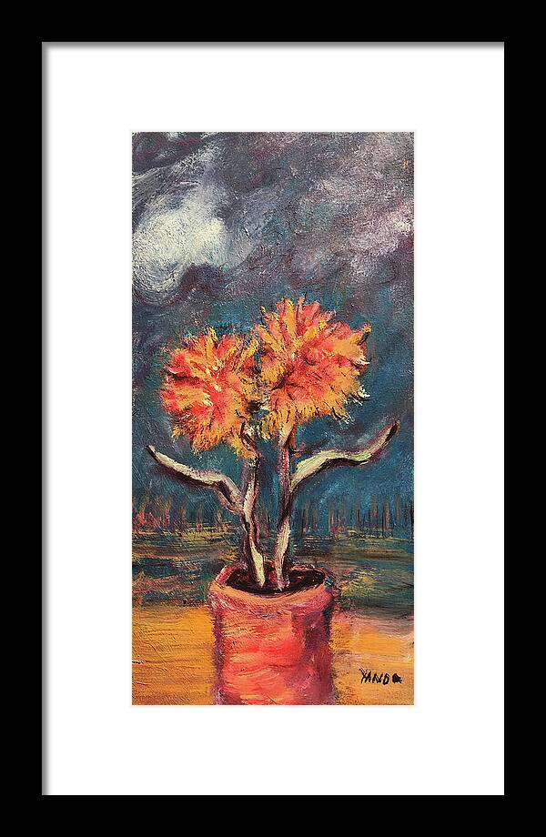 Autumn Feathered Petals Planted Vase Soft Clouds Two Flowers Original Art Oil Painting By Katt Yanda Framed Print featuring the painting Autumn Feathered Petals by Katt Yanda