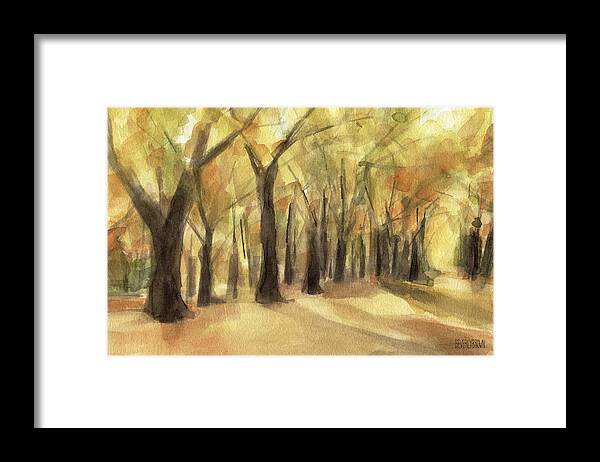 Landscape Framed Print featuring the painting Autumn Leaves Central Park by Beverly Brown Prints