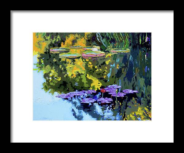 Garden Pond Framed Print featuring the painting Autumn Reflections on the Pond by John Lautermilch