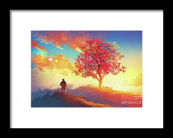 Abstract Framed Print featuring the painting Autumn Sunrise by Tithi Luadthong