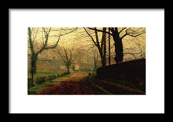Wall; Leaves; Haycart; Landscape Framed Print featuring the painting Autumn Sunshine Stapleton Parknear Pontefract by John Atkinson Grimshaw