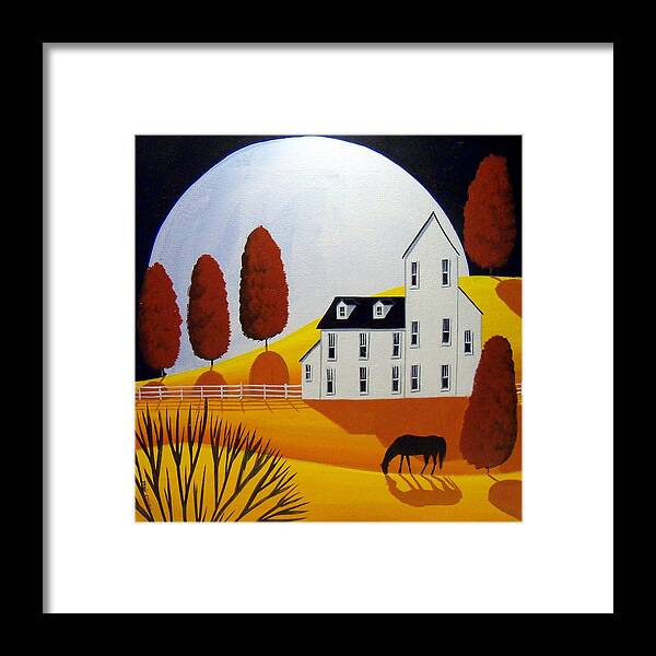 Folk Art Framed Print featuring the painting Autumn Wonder Moon - country farm folk art by Debbie Criswell