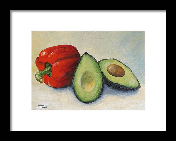 Bell Pepper Framed Print featuring the painting Avocado with Bell Pepper by Torrie Smiley
