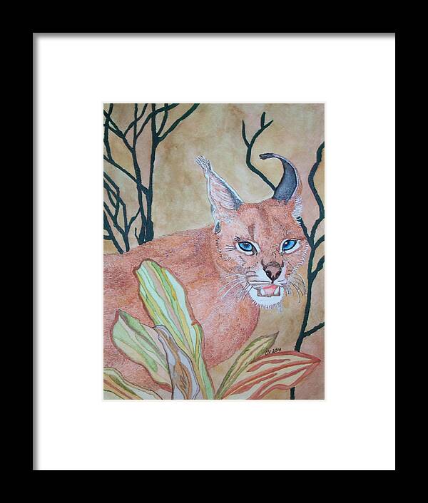 Caracal Golden Cat Framed Print featuring the painting Awaiting Your Mistake by Connie Valasco