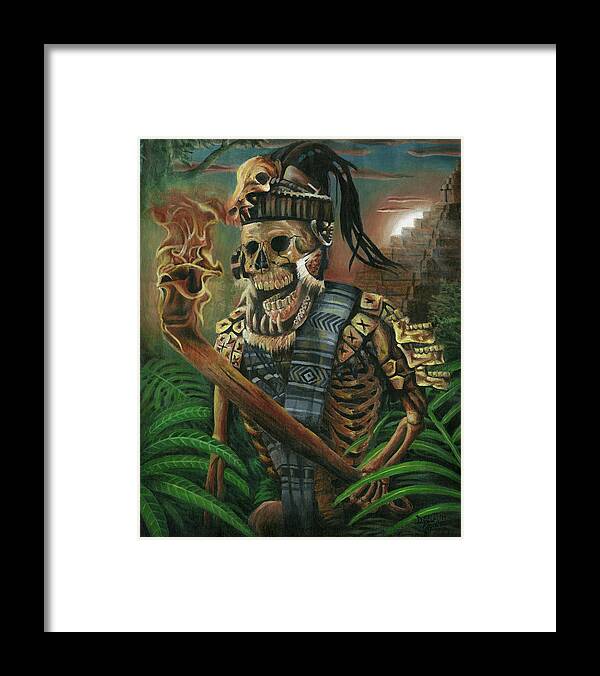 Aztec Framed Print featuring the painting Aztec Hunter Dia de Muertos by Daniel Ayala