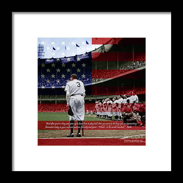 Wingsdomain Framed Print featuring the photograph Babe Ruth Baseball Americas Pastime 20170625 Square With Quote Colorized by Wingsdomain Art and Photography