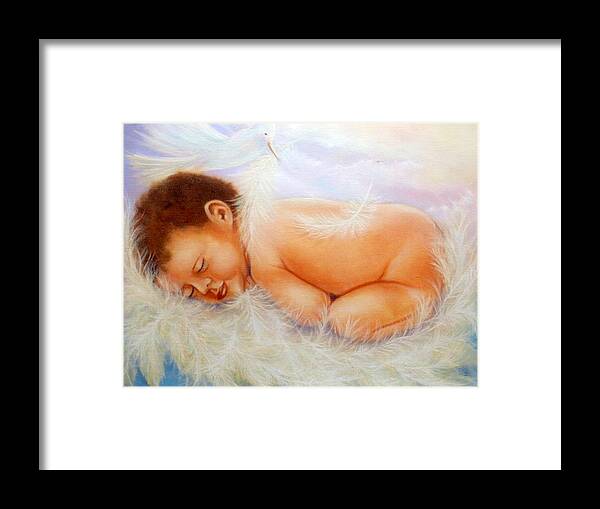 Portrait Framed Print featuring the painting Baby Angel Feathers by Joni McPherson