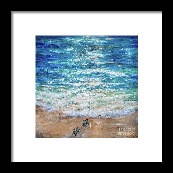Sea Turtle Framed Print featuring the painting Baby Turtles First Plunge by Linda Olsen