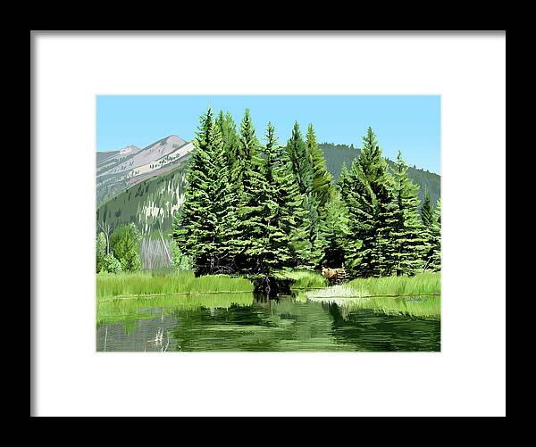 Summer Landscape Framed Print featuring the digital art Backwater and Bear by Pam Little