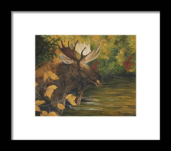 North American Wildlife Framed Print featuring the painting Backwater In Autumn - Moose by Johanna Lerwick