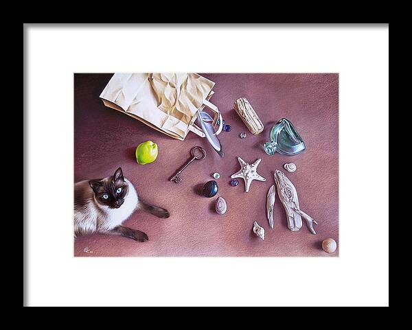 Cat Framed Print featuring the mixed media Bag of treasures by Elena Kolotusha