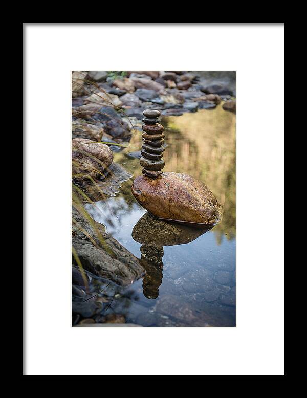 Zen Stones Framed Print featuring the photograph Balancing Zen Stones In Countryside River VIII by Marco Oliveira