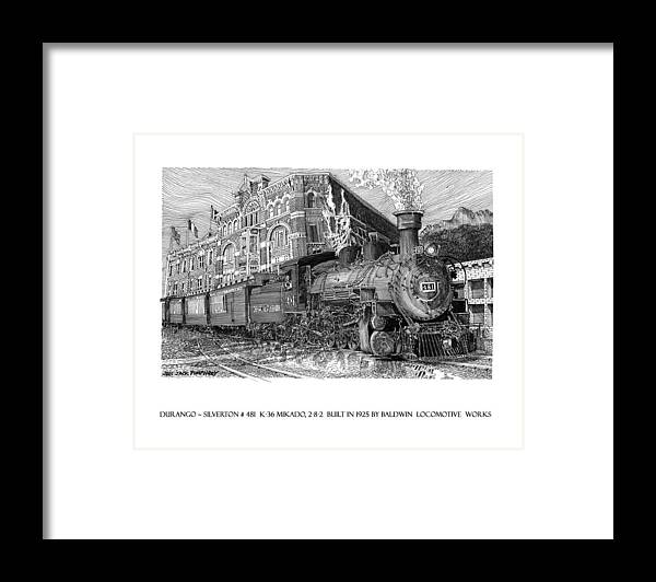 Steam Power Framed Print featuring the drawing Baldwin 481  2 8 2  Narrow Gauge Steam Locomotive by Jack Pumphrey