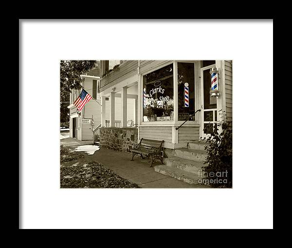 Flag Framed Print featuring the photograph Clarks Barber Shop with Color by Tom Brickhouse