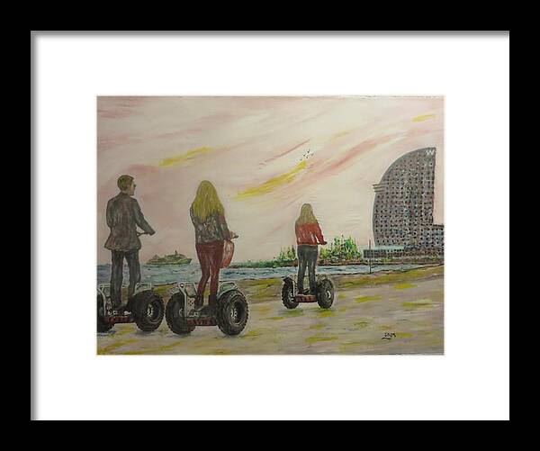Sea Framed Print featuring the painting Barcelona Segway by Sam Shaker