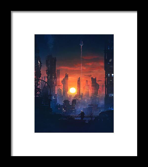 Scifi Framed Print featuring the painting Barcelona Smoke and Neons The End by Guillem H Pongiluppi