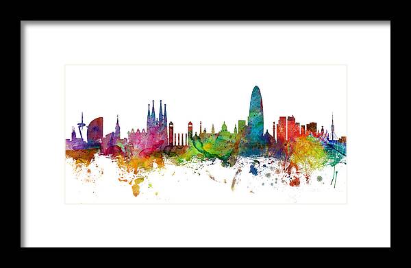 Barcelona Framed Print featuring the digital art Barcelona Spain Skyline Panoramic by Michael Tompsett