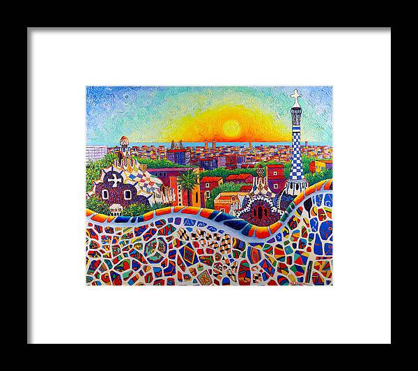 Barcelona Framed Print featuring the painting BARCELONA SUNRISE COLORS FROM PARK GUELL modern impressionism knife oil painting Ana Maria Edulescu by Ana Maria Edulescu