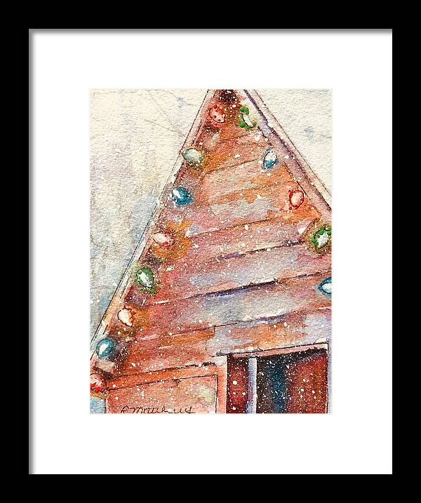 Christmas Cards By Rebecca Matthews Framed Print featuring the painting Barn in snow by Rebecca Matthews