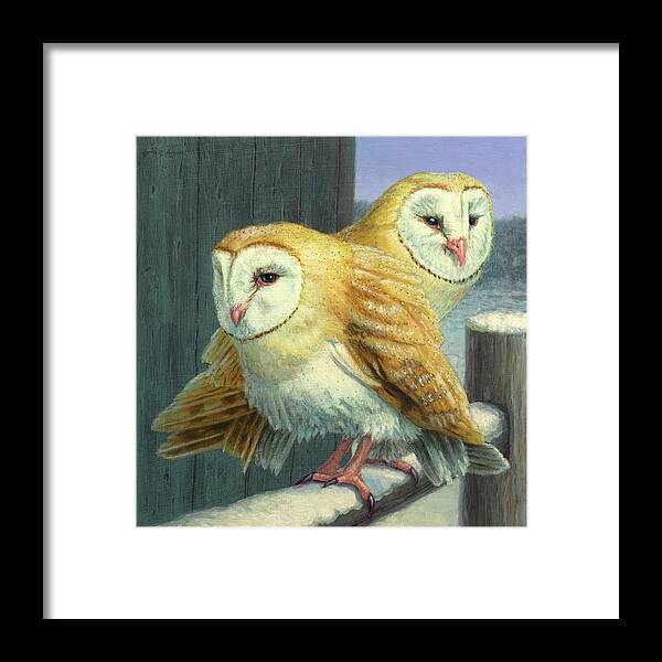 Barn Owls Framed Print featuring the painting Barn Owl Couple by James W Johnson