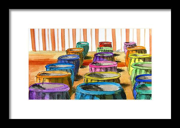 Barrels Framed Print featuring the painting Barrels of Color by Vic Delnore